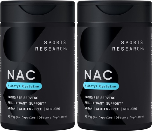 [BRSREALQPIAW2C3D] Sports Research N-Acetyl L-Cysteine (NAC) 600mg, 90 Veggie Capsules - Vegan, Non-GMO, Gluten Free. Lemon Aroma (Pack of 2)