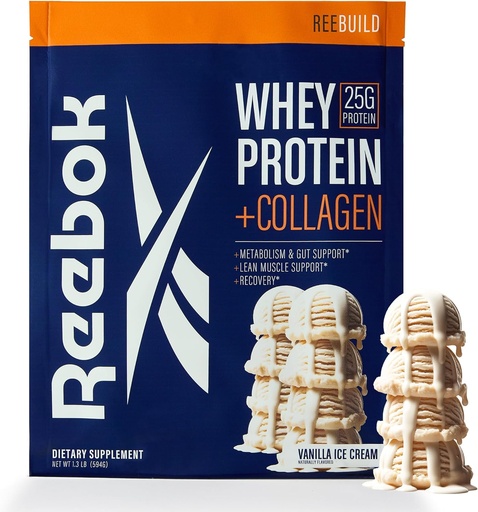 [BRSRAGTQOAIRSE35] Reebok Whey Білок Порошок + Колаген Пептиди 25г Білок з 9 Ефірна амінокислота відновлення м'язів, Joint & Gut Підтримка Informed-Sport Certified ReeBuild Vanilla Ice Cream Flavor, 1.3 lb