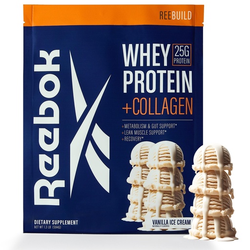 [BRSRAGTQOAIRSE35] Reebok Whey Protein Powder + Collagen Peptides | 25g Protein with 9 Essential Amino Acids | Muscle Recovery, Joint & Gut Support | Informed-Sport Certified | REEbuild Vanilla Ice Cream Flavor, 1.3 lb
