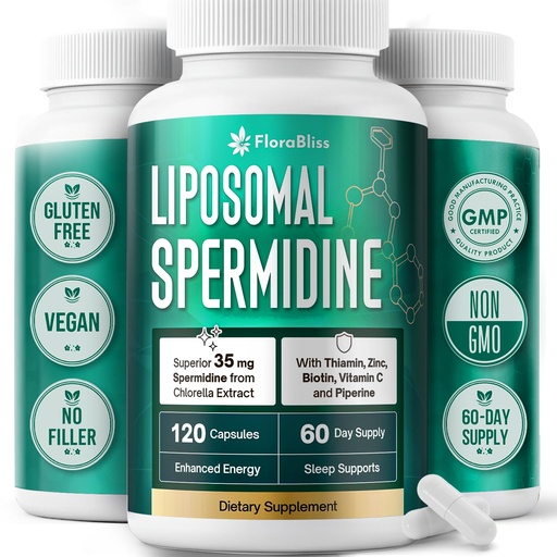[BRSREHYDAR5GOHY4] FloraBliss 35mg Liposomal Spermidine with Thiamin, Zinc, Biotin, Vitamin C | Spermidine from Chlorella. 60-Day Supply. 120 Capsules