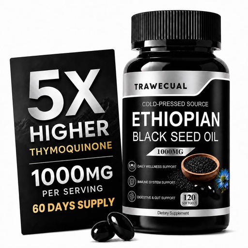 [BRSRYYYYCR4BM3TG] Ethiopian Black Seed Oil Capsules, 1000mg Organic Cold Pressed Black Seed Oil, Black Cumin Seed Oil Softgels, Non-GMO, Gluten-Free, 120 Softgels, 60 Day Supply