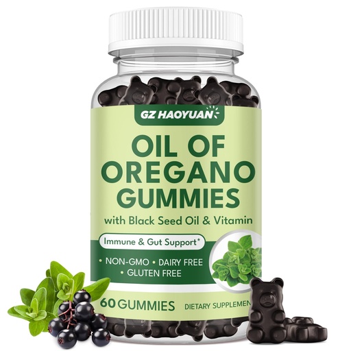 [BRSREFA2BV6QM3A3] Oil of Oregano Gummies with Black Seed Oil + Vitamin D3, Oregano Oil Organic High Carvacrol, Immune & Digestive Support, Antioxidant Support, 60 Gummies
