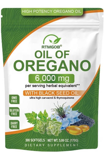 [BRSRGFITBMCQOF36] Oil of Oregano Softgels with Black Seed Oil Supplements,2 in 1 Oregano Supplement for Immune Health |Retains High Concentrated Carvacrol & Thymoquinone,Non-GMO-300 Softgels