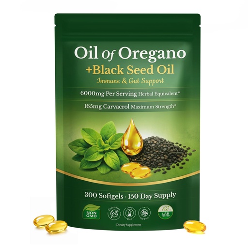 [BRSRYYLRCEHAGALD] Oil of Oregano with Black Seed Oil Softgels , low odor, 300 Count (TF25) | 2-in-1 Oregano extract formula, Non-GMO, Gluten-Free, Dairy-Free, Soy-Free, Easy-to-Take, Supports daily vitality.
