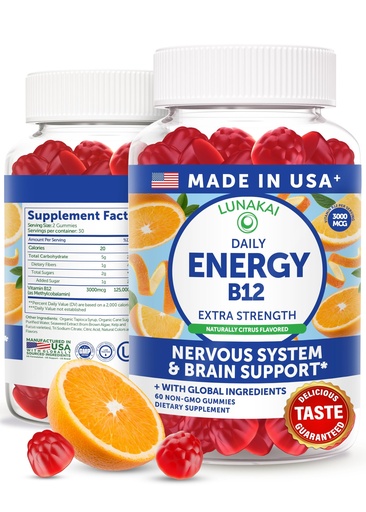 [BRSRAAIYB4CAICTF] Lunakai USA Made Vegan Energy Gummies – Daily Energy Supplements – 3000mcg Vitamin B12 Gummies for Women & Men – for Home or On‑the‑Go Use, 60ct