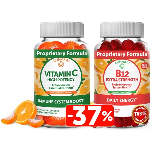 [BRSW2HALCVYGKYLX] Lunakai Vitamin C and Vitamin B12 3000 mcg Gummies Bundle for Adults - Organic VIT C Vegan Chewable Gummy Vitamins - Energy Support and Bone Health