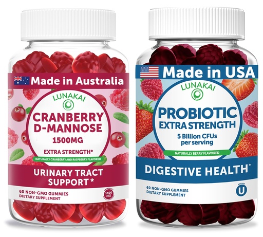 [BRSREAYFOICRSF3H] Lunakai Cranberry D-Mannose + Probiotic Extra Strength Gummies Bundle – Naturally Flavored, Non-GMO – 60ct Each