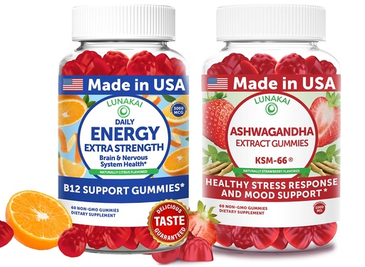 [BRSRE233BF4B6HIU] Lunakai USA Made Energy B12 & Ashwagandha Gummies Bundle – Daily Energy & Mood Support – 60 Non-GMO Gummies Each