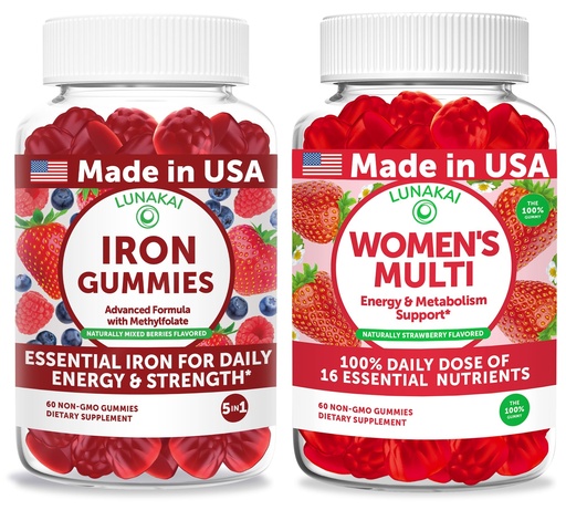 [BRSREAYCDIBGOHTD] Lunakai USA Made Iron Gummies + Women’s Multivitamin Gummies Bundle – Naturally Flavored, Non-GMO – 60ct Each
