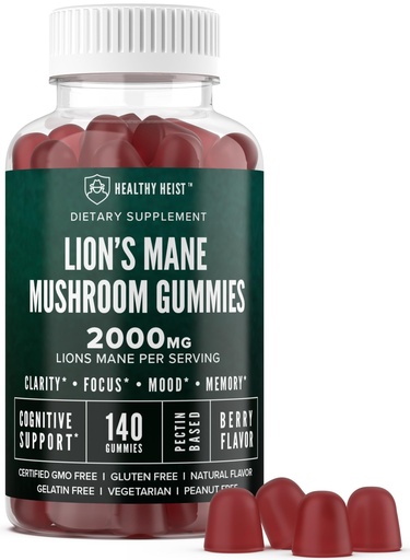 [BRSRAED7O4NRGADA] Lions Mane Mushroom Gummies for Adults, 140 Count Bulk Lion's Mane Chewables, High Potency 10:1 Organic Extract amounts to 2000mg, Supplement Supports Mental Clarity, Focus, Mood and Brain Fog