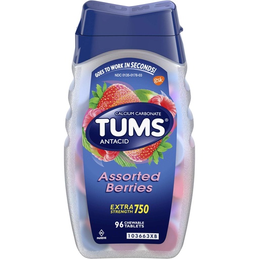 [BRSWIYYOOQMAM2A7] Tums E-X Extra Strength Antacid Chewable Tablets, Berries, 96-Count Bottles (Pack of 4)