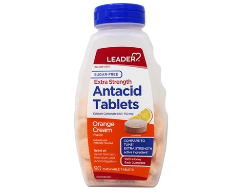 [BRSWYYYDOENGEHTK] Leader Sugar-Free Extra Strength Antacid Tablets - 750mg, Orange Cream Flavor, 90 ct (Pack of 1)