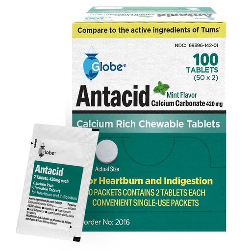 [BRSROAQCCEBW233F] Globe Chewable Mint Antacid Tablets for Acid Indigestion, Heartburn, and Upset Stomach - 50 Packets of 2 Tablets Each, 100 Count. Made in The USA