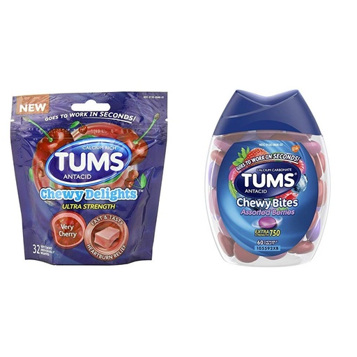 [BRSWYZYKOQORAC3P] Tums Chewy Delights Soft Chews, Very Cherry, 32count & TUMS Chewy Bites Assorted Berries Antacid Hard Shell Chews for Heartburn Relief, 60 Count