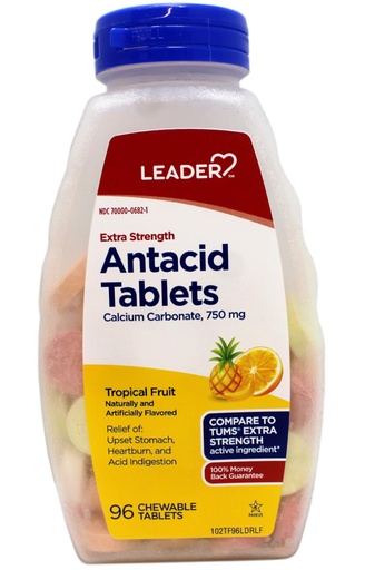 [BRSREFICOAPWAFA7] Leader Extra Strength Antacid Chewable Tablets, Fast Relief of Heartburn and Acid Indigestion Reflux, Tropical Fruit, 96 Count