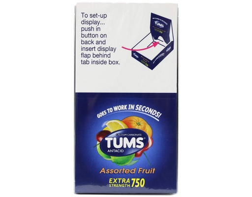 [BRSRAZL2DIIQOELK] TUMS Antacid Calcium Carbonate Chewable Tablets, Assorted Fruit, Extra Strength 750, 12 Rolls per Display Box, 8 Count per Roll (3 Display Boxes)