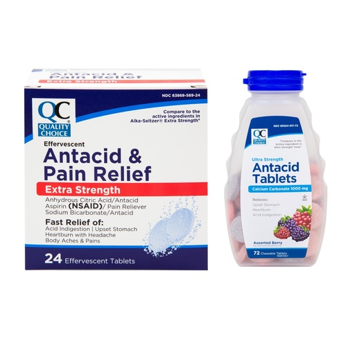 [BRSREFAHDJ5R6FDX] Quality Choice Antacid Relief Bundle Calcium Carbonate Chewable Tablets 72 Count and Effervescent Antacid and Pain Relief Tablets 24 Count