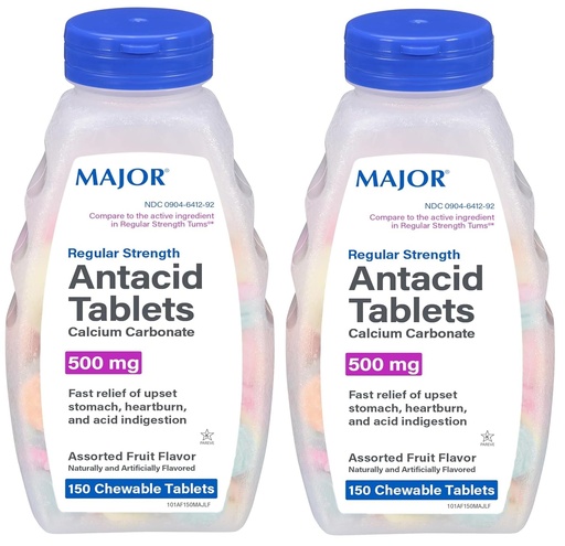 [BRSRACQODMHAMGQU] 2/Pack Regular Strength Antacid Tablets Chewable Calcium Carbonate 150 Tablets 500mg Assorted Fruit Flavor, Gluten Free