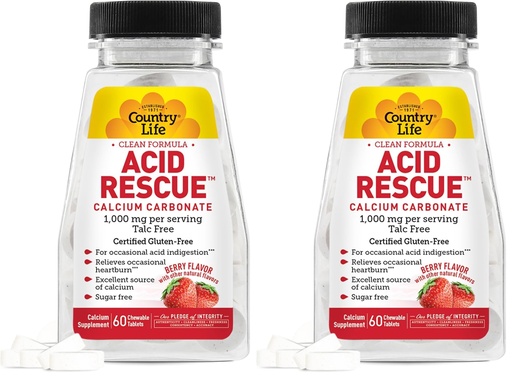 [BRSREAACCV6AAELG] Country Life Acid Rescue Chewable Tablets - Certified Vegan & Gluten-Free Heartburn Relief, 400mg Calcium & Magnesium, Non-GMO, Sugar-Free Berry Flavor, Supports Bone Health, 60 Count (Pack of 2)