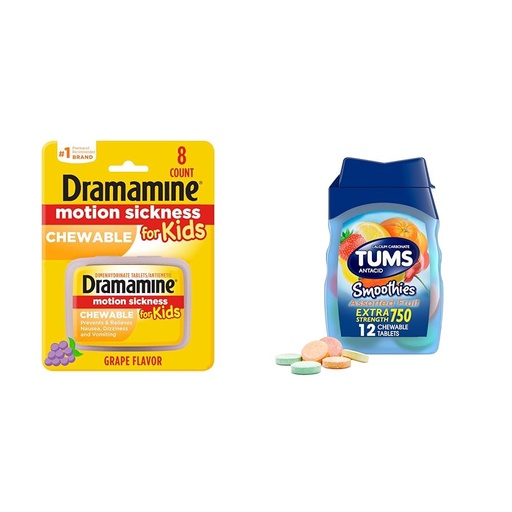 [BRSRAY33OAMQ2C3X] Dramamine Kids Chewable Motion Sickness Relief Grape 8 Count and TUMS Smoothies Extra Strength Heartburn Relief Assorted Fruit Antacid 12 Count