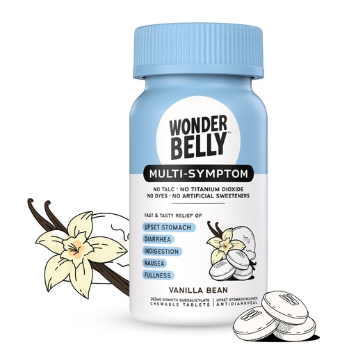 [BRSRACABO4FBY3DA] Wonderbelly Multi-Symptom Medicine, Anti-Diarrhea & Upset Stomach Relief with Bismuth Subsalicylate, Vanilla Bean, 48 Chewable Tablets