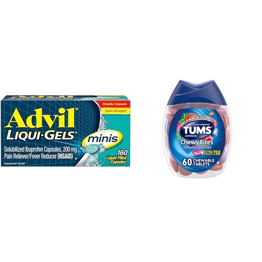 [BRSROBL3DIHWCHL6] Advil Liqui-Gels Minis Pain Reliever and Fever Reducer, Pain Medicine for Adults & TUMS Chewy Bites Antacid Tablets for Chewable Heartburn Relief and Acid Indigestion Relief