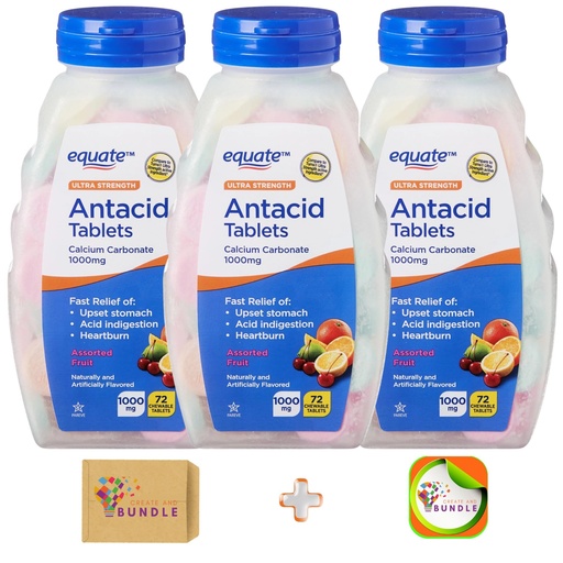 [BRSRAFATOBYQMCT7] Equate Ultra Strength Antacid Chewable Fruit Tablets, Over The Counter, 1000 mg, 72 Ct (Pack of 3) Total 216 Count + Createandbundle Sticker