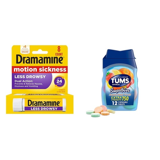 [BRSROCAFOJYAKAL3] Dramamine Motion Sickness 8 Count and TUMS Antacid Chewable Tablets Extra Strength Fruit Flavor 12 Count Bundle