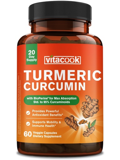 [BRSREADQAUFAYYI4] Turmeric Curcumin Supplement with BioPerine Black Pepper, 1950mg, 95% Curcuminoids, Ultra Potency, Maximum Absorption, Non-GMO, Mobility and Immune Health, Antioxidant Support, 60 Veg Caps