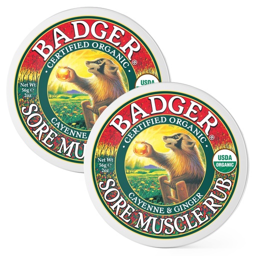 [BRSWKGD5AQBAO3IV] Badger Sore Muscle Rub, 100% Organic Sore Muscle Cream, Cayenne & Ginger Warming Sore Muscle Relief, Recovery & Relaxation, Long Lasting, Great Smelling, 2 oz Tin, 2-Pack