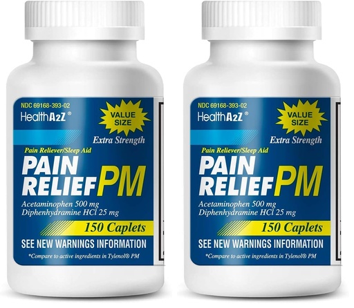 [BRSRGFIEPMBQECDX] HealthA2Z® Extra Strength Pain Relief PM, Acetaminophen 500mg, Diphenhydramine HCl 25mg, Pain Reliever, Nighttime Sleep Aid, 300 Counts (Pack of 2, 150 Counts Each)
