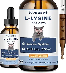 [BRSRAFAODEFBA233] L-Lysine Supplement for Cats - Immune Support - 60ML Lysine for Feline Respiratory, Sneezing, Runny Nose, Eye Function - Natural Cat Antibiotic Drops - Roast Chicken Flavor