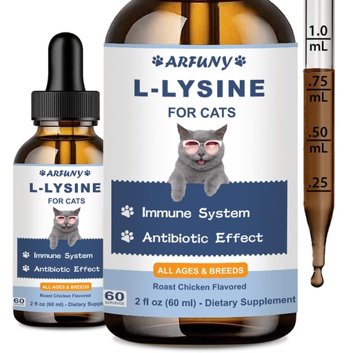 [BRSRAFAODEFBA233] L-Lysine for Cats, Immune, Respiratory, Eye Function Support, 60ML | Sneezing, Runny Nose, Watery Eyes, Natural Cat Antibiotic Drops, with Natural Ingredients & Vitamins, Roast Chicken Flavor