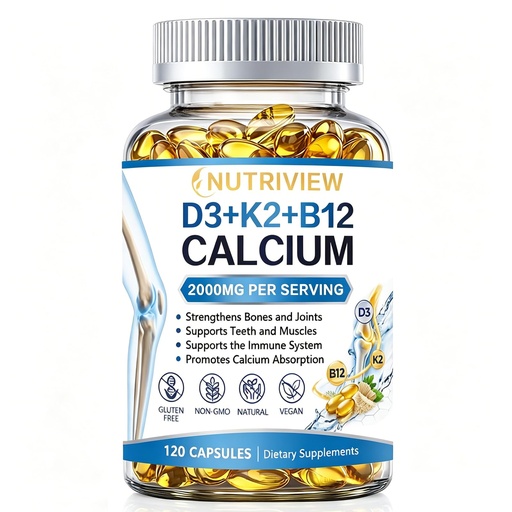 [BRSRYYA7CR7RAADA] Calcio D3 K2 B12 Softgels, Bone Muscle Support,120 Capsules (1) | with 2000mg Calcium Supplement,Glucosamina + Condroitin Added,Vegen, Non-GMO