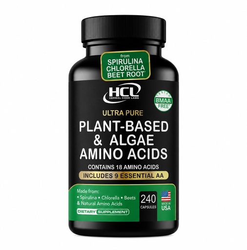 [BRSRABQ5OAAQAFI2] HCL HERBAL CODE LABS Essential Amino Acids Plant Based Supplement | All 9 EAAs & BCAAs | from Organic Spirulina, Chlorella & Beet Root | Made in USA | Vegan Amino Acids Capsules