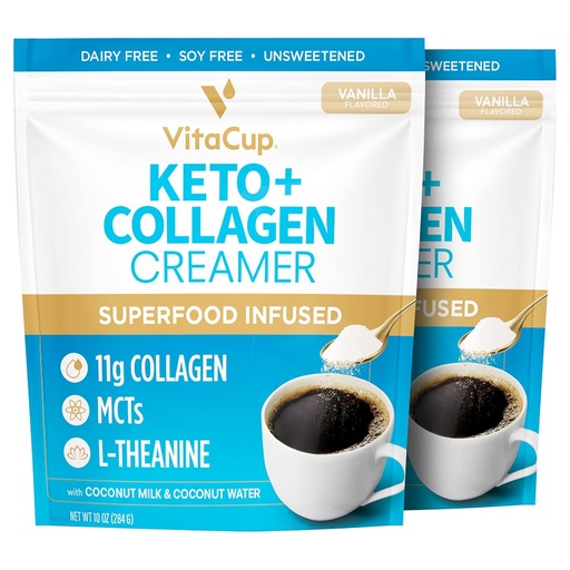 [BRSRMBIZCIMR62YY] VitaCup Keto + Collagen Coffee Creamer Vanilla Flavor w/MCT, Collagen Protein, Coconut Water, L-Theanine for Keto Diet, Coffee, Smoothies, & Shakes, Dairy-Free, Gluten-Free, Soy-Free, 2 bags,10oz each
