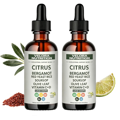 [BRSRGBIYDEBAEGTA] Velora Red Yeast Rice Cholesterol Cleanse, Velora Nutrition Citrus Bergamot Red Yeast Rice, Drops with Soursop, Olive Leaf, Vitamin C+d, Natural, Non-GMO, Vegan 2 Fl Oz (2Pc)