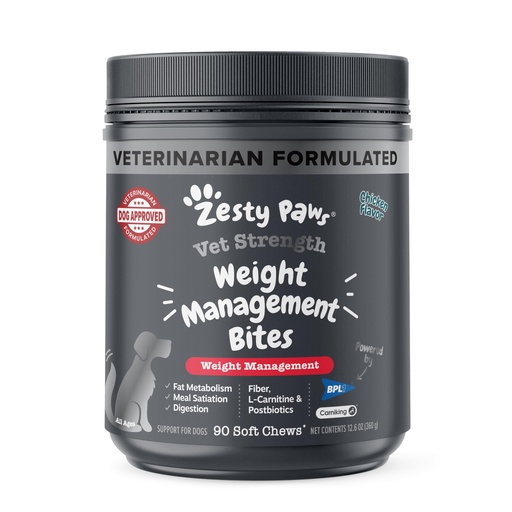 [BRSRAHDRAR6WAF3X] Zesty Paws Weight Management Bites for Dogs - Veterinarian Formulated - Metabolism & Appetite Control - L-Carnitine, Fiber, Postbiotics & B Vitamins - Healthy Weight Dog Supplement - 90 Count