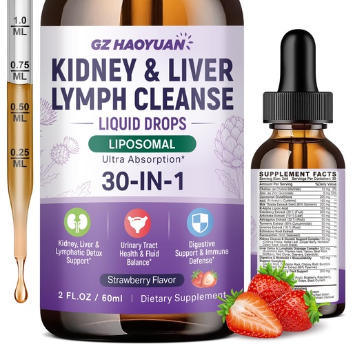 [BRSRGBA2PMDQ42DZ] 30-in-1 Kidney & Liver, Lymph Cleanse Detox & Repair Drops with Cranberry Extract, Milk Thistle & Dandelion, Kidney Support Supplement, Lymphatic Drainage & Liver Support | Strawberry Flavor, 2 FL Oz