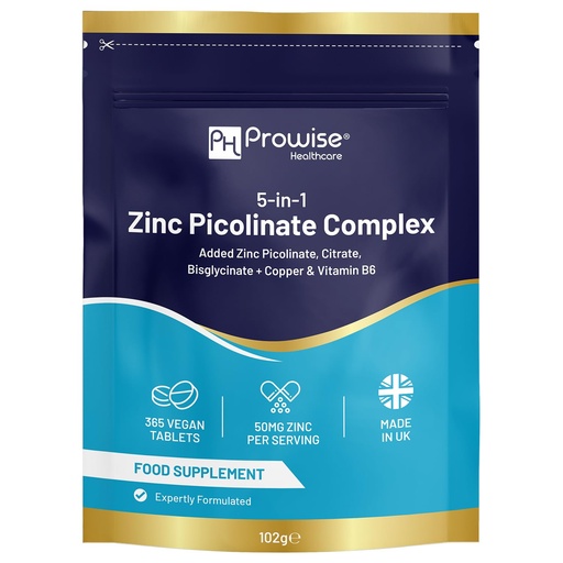 [BRSRGHYBO55W2C37] 5-in-1 Zinc Picolinate Complex 50 mg | 365 Vegan High Strength Tablets Added with Copper and Vitamin B6 | 6 Months’ Supply | Made in UK by Prowise