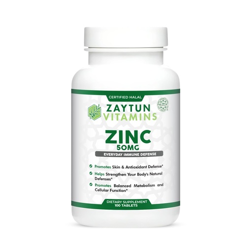 [BRSRACQEDEIBA2YZ] Zaytun Halal Zinc 50 mg Supports Immune Health and Healthy Skin, Antioxidant, One Per Day, US Made, 100 Tablets