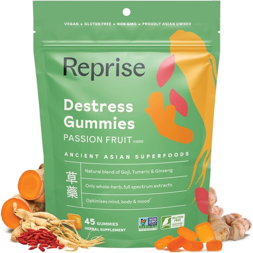[BRSRA2QCO4IAE2Q7] De-Stress Gummies with American Ginseng, Turmeric, and Goji - Assist with Stress Relief & Mood Boost, All-Natural Relaxation, Low-Sugar, 45 Vegan Gummies, Passion Fruit (Pack of 1)