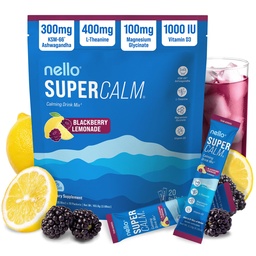 Nello Supercalm Powdered Drink Mix, Cortisol Reducer*, Sleep Aid Supplement, L Theanine, Ksm-66 Ashwagandha, Magnesium Glycinate, Vitamin D 3, No Sugar, Non GMO, 20 Ct, BlackBerry Lemonade
