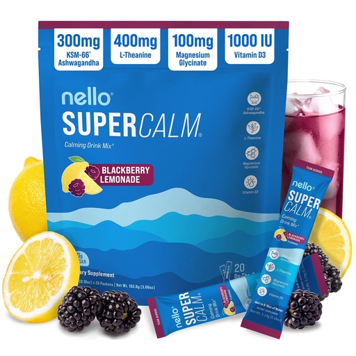 [BRSREGAYOUPW2A3G] Nello Supercalm Powdered Drink Mix, Cortisol Reducer*, Sleep Aid Supplement, L Theanine, Ksm-66 Ashwagandha, Magnesium Glycinate, Vitamin D 3, No Sugar, Non GMO, 20 Ct, BlackBerry Lemonade