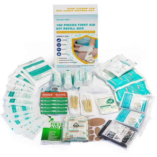 [BRSWGZAPCBYAMADB] General Medi 160 Piece First Aid Kit Bag Refill Kit - Includes Instant Cold Pack, Bandages,Emergency Blanket, Moleskin Pad, Gauze - Extra Replacement Medical Supplies for First Aid