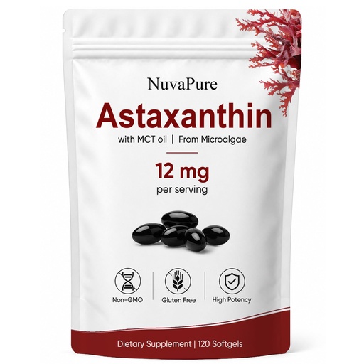 [BRSRYZT5DJ5WC3QV] NuvaPure Astaxanthin 12mg with MCT Oil, Natural Astaxanthin from Haematococcus Pluvialis Microalgae, Daily Antioxidant Support Softgels, Non-GMO, Gluten-Free, Soy-Free, 120 Count (1)