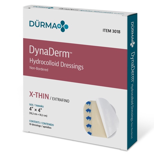 [BRSWIB3YBNYBSYA7] Dynarex Dürma+ DynaDerm™ Hydrocolloid Dressing - Sterile Non-Bordered Wound Patch - Water-Resistant - Flexible Protection - X-Thin - 4" x 4" - 10 per Box, 12 Boxes per Case