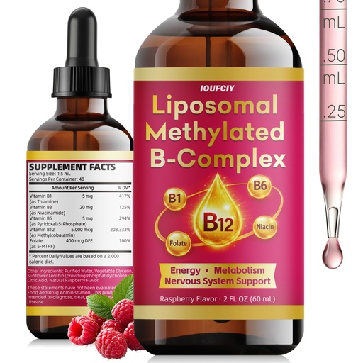 [BRSRGGD7AR7WO3DV] Liposomal B-Complex Drops, Vitamin B12 with B1, B3, B6 & Folate, Liquid B Vitamins, Raspberry Flavor, 2 Fl Oz