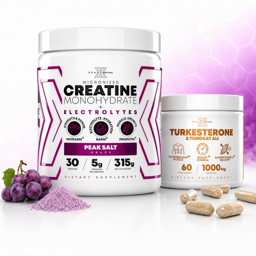 [BRSRYYAOOJYB4F32] Peak Revival-X Turkesterone Tongkat Ali Capsules + Creatine Monohydrate Powder with Electrolyte Hydration Salts, Grape, Muscle Strength Recovery & Hydration Support