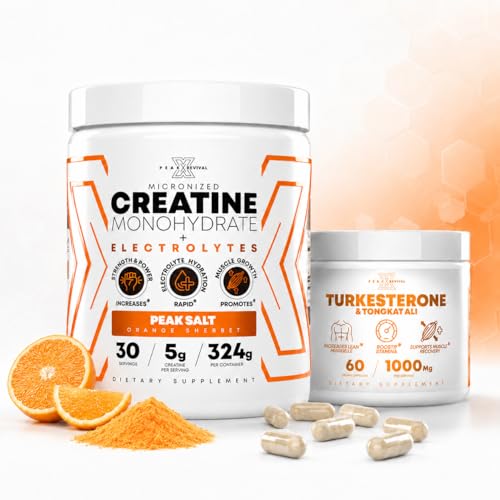 [BRSRYYAOOUMQ2DLG] Peak Revival-X Turkesterone Tongkat Ali Capsules + Creatine Monohydrate Powder with Electrolyte Hydration Salts, Orange Sherbet, Muscle Strength Recovery & Hydration Support, 30 Servings